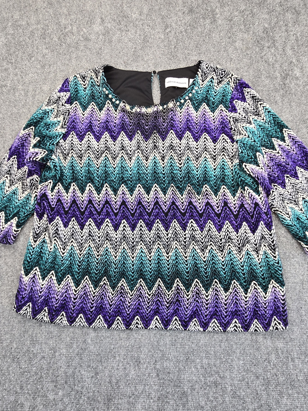 Alfred Dunner Chevron Sweater Womens L Teal Purple Black Textured Quarter Sleeve